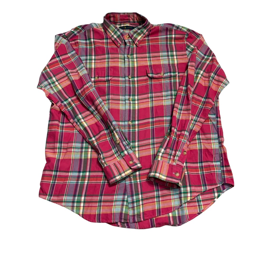 Ralph Lauren Double Pockets Button Down Shirt Men XL Work Plaid Long Sleeve Pink